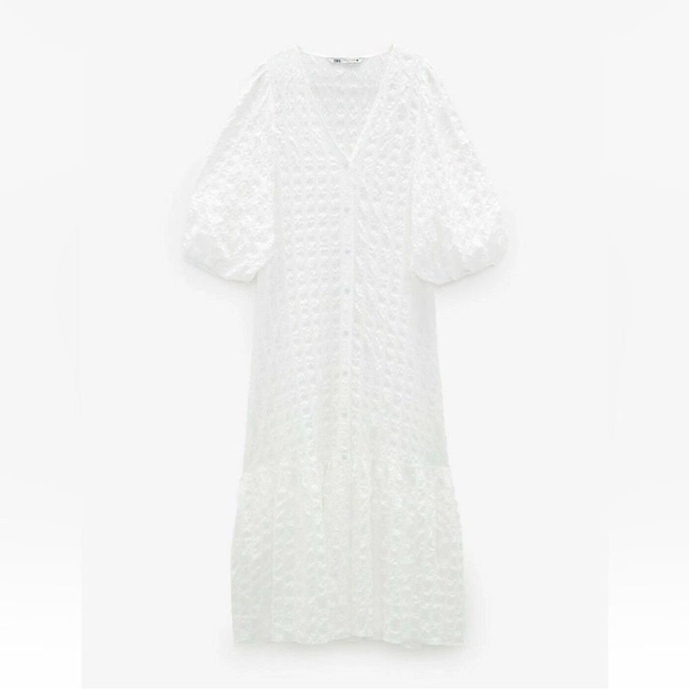 Zara White/Cream Puff Sleeves Textured Midi Dress Size S - Picture 2 of 8